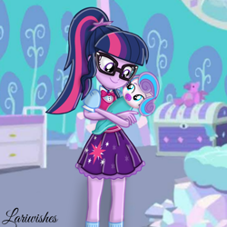 Size: 1000x1000 | Tagged: safe, artist:mlplary6, princess flurry heart, sci-twi, twilight sparkle, human, equestria girls, g4, aunt, aunt and niece, aunt sci-twi, auntie twilight, baby, carrying, clothes, cute, duo, duo female, equestria girls outfit, equestria girls-ified, female, flurrybetes, glasses, looking at each other, looking at someone, pacifier, sci-twi outfits, smiling, twiabetes