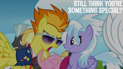 Size: 1920x1080 | Tagged: safe, edit, edited screencap, editor:quoterific, screencap, bulk biceps, cloudchaser, meadow flower, spitfire, thunderlane, pegasus, pony, g4, wonderbolts academy, female, gritted teeth, male, mare, open mouth, spread wings, stallion, sunglasses, teeth, wings, yelling