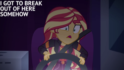 Size: 1280x720 | Tagged: safe, edit, edited screencap, editor:quoterific, screencap, sunset shimmer, human, equestria girls, equestria girls specials, g4, my little pony equestria girls: better together, my little pony equestria girls: sunset's backstage pass, desperate, desperation, driving, female, open mouth, rv, solo