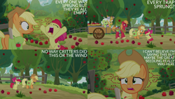 Size: 4400x2475 | Tagged: safe, edit, edited screencap, editor:quoterific, screencap, apple bloom, applejack, big macintosh, goldie delicious, granny smith, cat, earth pony, pony, g4, going to seed, apple, apple bloom's bow, apple siblings, apple sisters, apple tree, applejack is best facemaker, applejack's hat, bag, barrel, bow, brother and sister, cart, cowboy hat, elderly, eyes closed, female, filly, foal, food, hair bow, hat, hooves in air, hooves up, implied great seedling, male, mare, open mouth, raised hoof, saddle bag, siblings, sisters, stallion, tree