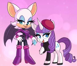 Size: 1200x1024 | Tagged: safe, artist:faeriebottle, rarity, bat, pony, unicorn, anthro, g4, beatnik rarity, beret, breasts, clothes, crossover, diamond, female, hat, kazumi evans, looking at you, mare, pink background, rouge the bat, simple background, smiling, sonic prime, sonic the hedgehog (series), sweater, voice actor joke