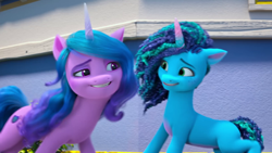 Size: 1920x1080 | Tagged: safe, screencap, izzy moonbow, misty brightdawn, pony, unicorn, g5, my little pony: make your mark, my little pony: make your mark chapter 2, the traditional unicorn sleep-over, spoiler:my little pony: make your mark chapter 2, spoiler:mymc02e06, bedroom eyes, duo, duo female, female, grin, lidded eyes, looking at each other, looking at someone, mare, nervous, nervous smile, smiling