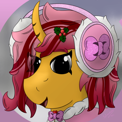 Size: 3000x3000 | Tagged: safe, artist:spiroudada, oc, oc only, oc:dolly hooves, pony, unicorn, bow, bust, clothes, crossdressing, high res, male, pink, portrait, smiling, snow, stallion, winter