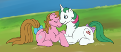 Size: 1329x575 | Tagged: safe, artist:catlover1672, gusty, shady, earth pony, pony, unicorn, g1, bow, eyes closed, female, grass, horn, lesbian, lying down, mare, prone, shipping, smiling, tail, tail bow