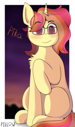 Size: 3000x5060 | Tagged: safe, artist:pillow, oc, oc only, oc:pika, pony, unicorn, blushing, female, glasses, looking at you, mare, raised hoof, smiling, smiling at you, solo