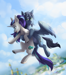 Size: 1900x2150 | Tagged: safe, artist:serodart, oc, oc only, oc:pensive stroke, oc:silver coil, pegasus, pony, unicorn, duo, flying, holding a pony