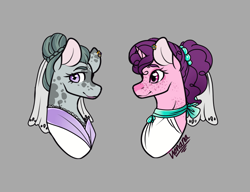 Size: 894x686 | Tagged: safe, artist:cyrinthia, artist:ladypastal, marble pie, sugar belle, g4, base used, bust, clothes, coat markings, colored ears, dress, ear piercing, earring, female, gray background, jewelry, lesbian, lipstick, marbelle, mare, marriage, piercing, portrait, pride month, shipping, signature, simple background, wedding, wedding dress, wedding veil