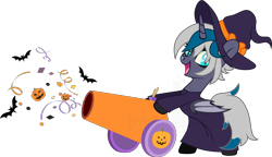 Size: 2727x1575 | Tagged: safe, artist:dianamur, artist:yeetmedownthestairs, oc, oc only, oc:elizabat stormfeather, alicorn, bat, bat pony, bat pony alicorn, pony, alicorn oc, base used, bat pony oc, bat wings, bipedal, boots, cannon, clothes, confetti, costume, cute, female, gloves, halloween, halloween costume, hat, holiday, horn, jack-o-lantern, mare, open mouth, party cannon, pumpkin, robe, shoes, simple background, solo, transparent background, wings, witch, witch hat