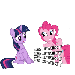 Size: 1000x1000 | Tagged: safe, artist:ken-dostudios, pinkie pie, twilight sparkle, earth pony, pony, unicorn, g4, bipedal, bipedal leaning, duo, fourth wall, grin, leaning, pun, simple background, smiling, text, transparent background, unicorn twilight, wall of text