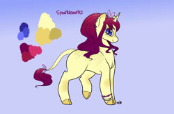 Size: 1105x723 | Tagged: safe, artist:apieceofmii, artist:ladypastal, oc, oc only, oc:sparkleworks, classical unicorn, pony, unicorn, base used, bow, bracelet, cloven hooves, ear piercing, earring, female, freckles, gradient mane, hair bow, horn, jewelry, leonine tail, mare, missing cutie mark, piercing, purple background, reference sheet, signature, simple background, solo, sparkles, unicorn oc