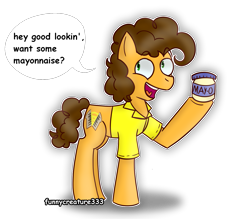 Size: 1359x1198 | Tagged: safe, artist:funnycreature333ng, cheese sandwich, earth pony, pony, g4, dialogue, flirting, food, male, mayonnaise, sauce, simple background, solo, transparent background