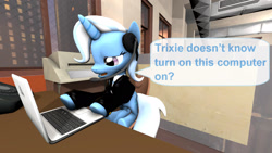 Size: 1920x1080 | Tagged: safe, artist:ask-the-luna-knight, trixie, pony, unicorn, g4, 3d, computer, female, headset, laptop computer, mare, solo, source filmmaker, text