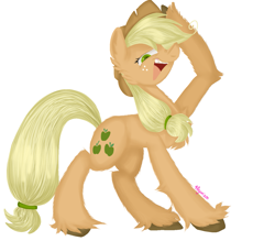Size: 1349x1184 | Tagged: safe, artist:4agonism, part of a set, applejack, mean applejack, earth pony, pony, g4, the mean 6, applejack's hat, cheek fluff, chest fluff, clone, colored hooves, cowboy hat, ear fluff, elbow fluff, female, fluffy, freckles, full body, hat, hoof fluff, hoof on head, leg fluff, looking at you, mare, ponytail, raised hoof, simple background, smiling, solo, unshorn fetlocks, white background