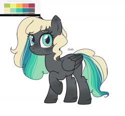 Size: 1280x1192 | Tagged: safe, artist:ladypastal, oc, oc only, oc:seabound, pegasus, pony, coat markings, color palette, colored wings, ear fluff, eye clipping through hair, female, gradient hooves, gradient wings, mare, pegasus oc, reference sheet, simple background, socks (coat markings), solo, white background, wings