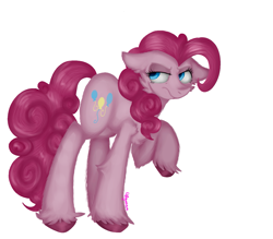 Size: 1349x1184 | Tagged: safe, artist:4agonism, part of a set, mean pinkie pie, pinkie pie, earth pony, pony, g4, the mean 6, angry, cheek fluff, chest fluff, clone, colored, colored hooves, ear fluff, ears back, elbow fluff, female, fluffy, frown, full body, looking sideways, mare, raised hoof, scowl, shoulder fluff, simple background, solo, unshorn fetlocks, white background