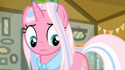Size: 800x450 | Tagged: safe, screencap, clear sky, pony, unicorn, common ground, g4, animated, female, gif, mare, museum, solo, talking