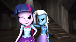 Size: 1080x607 | Tagged: safe, artist:majinfreecell, trixie, twilight sparkle, human, equestria girls, g4, 3d, duo, female, lesbian, ship:twixie, shipping, source filmmaker
