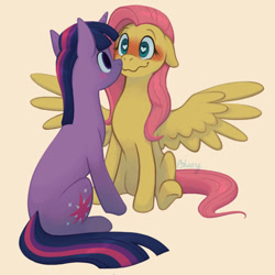 Size: 640x640 | Tagged: safe, artist:flightless-fox, fluttershy, twilight sparkle, pegasus, pony, unicorn, g4, beige background, blush sticker, blushing, boop, cute, duo, eye contact, female, floppy ears, heart, heart eyes, lesbian, looking at each other, looking at someone, mare, noseboop, ship:twishy, shipping, simple background, sitting, slender, smiling, spread wings, thin, three quarter view, unicorn twilight, wavy mouth, wingding eyes, wings