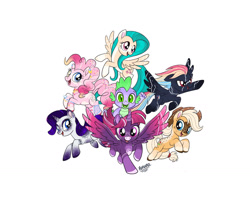 Size: 1280x1073 | Tagged: safe, artist:ladypastal, applejack, fluttershy, pinkie pie, rainbow dash, rarity, spike, twilight sparkle, alicorn, dragon, earth pony, pegasus, pony, unicorn, g4, alternate design, applejack's hat, baby, baby dragon, bracelet, choker, coat markings, colored ears, colored hooves, colored wings, cowboy hat, dragons riding ponies, dyed mane, ear piercing, earring, eyeshadow, female, floppy ears, freckles, gradient hooves, gradient wings, hat, jewelry, lightning pattern, makeup, male, mane seven, mane six, mare, movie accurate, necklace, piercing, redesign, riding, signature, simple background, spike riding twilight, twilight sparkle (alicorn), wall of tags, white background, wings