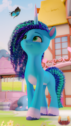 Size: 4320x7680 | Tagged: safe, artist:loveslove, misty brightdawn, butterfly, pony, unicorn, g5, 3d, absurd file size, absurd resolution, bucket, cute, female, flower, looking at someone, mare, mistybetes, outdoors, smiling, solo, tail