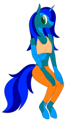 Size: 2558x4720 | Tagged: safe, artist:emc-blingds, oc, oc only, unicorn, anthro, unguligrade anthro, clothes, female, horn, midriff, pants, simple background, sitting, solo, sports bra, transparent background, unicorn oc