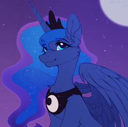 Size: 1296x1278 | Tagged: safe, artist:trickate, princess luna, alicorn, pony, chest fluff, ear fluff, female, looking at you, mare, moon, smiling, smiling at you, solo