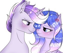 Size: 2835x2388 | Tagged: safe, artist:existencecosmos188, oc, oc:existence, alicorn, pony, alicorn oc, blushing, bust, female, high res, horn, male, mare, oc x oc, shipping, simple background, stallion, straight, transparent background, wings