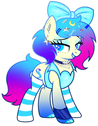 Size: 2106x2711 | Tagged: safe, artist:kb-gamerartist, artist:raini-bases, oc, oc only, oc:starla, pony, unicorn, base used, bow, choker, clothes, ear piercing, earring, eyebrow piercing, eyeshadow, female, freckles, grin, hair bow, high res, jacket, jewelry, leather, leather jacket, lip piercing, makeup, mare, multicolored hair, nose piercing, piercing, simple background, smiling, socks, solo, striped socks, transparent background, unshorn fetlocks, wristband