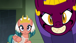 Size: 1280x720 | Tagged: safe, screencap, somnambula, the sphinx, pegasus, pony, sphinx, daring done?, g4, cute, duo, egyptian, egyptian pony, evil smile, female, grin, looking at you, mare, smiling, somnambetes, sphinxdorable, teeth