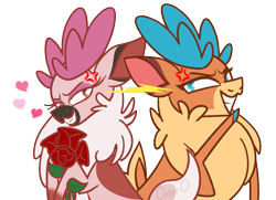 Size: 1493x1080 | Tagged: safe, artist:deacoti, velvet (tfh), vixen (tfh), deer, reindeer, them's fightin' herds, bouquet, bouquet of flowers, community related, cross-popping veins, duo, emanata, female, flower, grin, holding, looking at each other, looking at someone, raised hoof, rivalry, rose, simple background, smiling, stepford smiler, transparent background