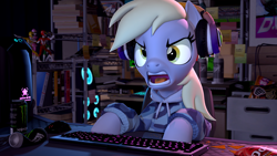 Size: 3840x2160 | Tagged: safe, artist:owlpirate, derpy hooves, pegasus, pony, g4, 3d, 4k, angry, clothes, computer, gamer, headphones, high res, hoodie, keyboard, monster energy, open mouth, solo, source filmmaker