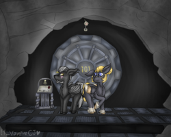 Size: 1280x1024 | Tagged: safe, artist:lil_vampirecj, oc, oc only, oc:thunderstorm, bat pony, pegasus, pony, fallout equestria, commission, ears back, fallout, floppy ears, looking at each other, looking at someone, scene, vault 101, ych result
