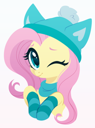 Size: 2248x3000 | Tagged: safe, artist:belka-sempai, fluttershy, pony, g4, adorable face, clothes, cute, daaaaaaaaaaaw, hat, high res, looking at you, one eye closed, shyabetes, simple background, smiling, socks, solo, striped socks, weapons-grade cute, white background, wink, winter hat