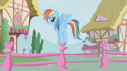 Size: 520x293 | Tagged: safe, screencap, rainbow dash, pegasus, pony, applebuck season, g4, season 1, animated, female, frown, gif, hoof tapping, impatient, mare, ponyville, solo, spread wings, wings