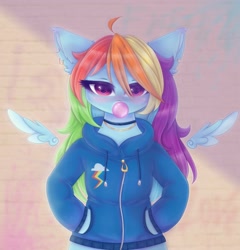 Size: 1963x2048 | Tagged: safe, artist:saltyvity, rainbow dash, pegasus, pony, semi-anthro, g4, arm hooves, bubblegum, clothes, collar, floating wings, food, gum, hoodie, wings