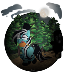 Size: 1355x1560 | Tagged: safe, artist:inkp0ne, oc, oc only, oc:purapoint, earth pony, pony, bag, candy, candy bag, clothes, costume, earth pony oc, fake scars, food, forest, glasses, halloween, halloween costume, hat, holiday, long tail, monster, moon, multicolored eyes, pumpkin bucket, simple background, stripes, tail, top hat, transparent background