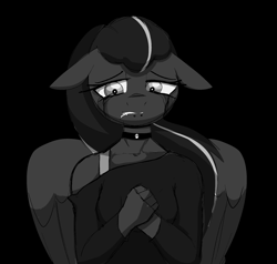 Size: 2071x1973 | Tagged: safe, artist:luxsimx, oc, oc only, oc:arkessa, pegasus, anthro, black background, clothes, crying, floppy ears, lip piercing, monochrome, piercing, sad, simple background, snake bites, solo