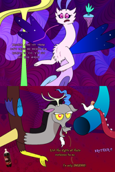 Size: 960x1440 | Tagged: safe, artist:dolphboi, discord, oc, oc:symphony (draconequus), draconequus, g4, cameo, comic, crossover, discord being discord, dr. bob (soda), duo, female, flying, male, mixed media, open mouth, roy gribbleston, short comic, siblings, starry wings, surreal, talking, the discord zone, wings