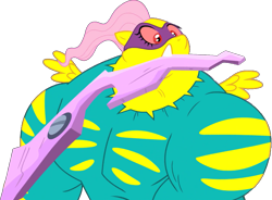 Size: 1177x868 | Tagged: safe, edit, edited screencap, editor:pascalmulokozi2, screencap, fluttershy, saddle rager, pegasus, pony, g4, power ponies (episode), season 4, background removed, confused, female, flutterhulk, mare, mouth hold, power ponies, shocked, shocked expression, simple background, solo, transparent background