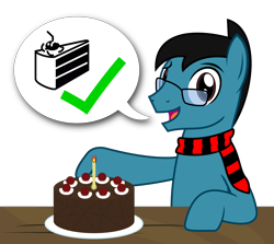 Size: 1938x1731 | Tagged: safe, artist:sketchmcreations, oc, oc:sketch mythos, earth pony, pony, birthday, black forest cake, cake, clothes, food, glasses, happy birthday, looking at you, male, open mouth, portal (valve), scarf, simple background, smiling, solo, stallion, table, the cake is a lie, transparent background, vector