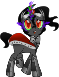 Size: 4790x6232 | Tagged: safe, artist:php178, king sombra, pony, umbrum, unicorn, the crystal empire 10th anniversary, g4, the crystal empire, .svg available, adorabolical, armor, black mane, black tail, boots, cape, chestplate, chibi, clothes, colored horn, colored pupils, curved horn, cute, cute face, cute little fangs, cute smile, daaaaaaaaaaaw, dark magic, ethereal mane, ethereal tail, eye mist, fangs, glowing, glowing horn, green sclera, horn, inkscape, looking at you, magic, male, movie accurate, red eyes, shoes, show moviefied, silver, simple background, slit pupils, smiling, smiling at you, smoke, solo, sombra eyes, sombra horn, sombradorable, stallion, svg, tail, transparent background, trotting, vector