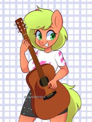 Size: 1800x2400 | Tagged: safe, artist:handgunboi, oc, earth pony, anthro, clothes, commission, cute, female, grin, guitar, guitar pick, mare, musical instrument, ocbetes, skirt, smiling, solo