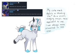 Size: 2360x1640 | Tagged: safe, artist:itssilver, oc, oc:silver, pony, unicorn, ask, cutie mark, eye clipping through hair, eyebrows, eyebrows visible through hair, lifted leg, simple background, speech bubble, unshorn fetlocks, white background