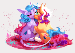 Size: 3500x2462 | Tagged: safe, artist:ohhoneybee, izzy moonbow, sunny starscout, earth pony, pony, unicorn, g5, duo, female, high res, kissing, leonine tail, lesbian, mare, nuzzling, ship:moonscout, shipping, smiling, tail