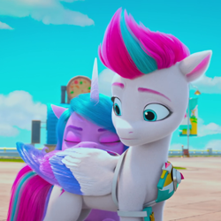 Size: 1080x1080 | Tagged: safe, screencap, izzy moonbow, zipp storm, pegasus, pony, unicorn, g5, hoof done it?, my little pony: make your mark, my little pony: make your mark chapter 2, spoiler:my little pony: make your mark chapter 2, spoiler:mymc02e07, cropped, detective zipp, duo, female, izzy being izzy, mare, out of context