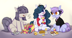 Size: 4500x2388 | Tagged: safe, artist:lockheart, oc, oc only, oc:dot matrix, oc:pico dream, oc:zee cube, crystal pony, earth pony, pegasus, pony, beanbrows, blushing, bucktooth, burger, chicken meat, chicken nugget, colored pupils, crystal pony oc, drink, drinking, drinking straw, eyebrows, eyebrows visible through hair, female, food, french fries, game boy, hair over eyes, hair over one eye, happy meal, high res, hoof hold, mare, meat, sitting, sonic the hedgehog, sonic the hedgehog (series), thick eyebrows, trio, underhoof