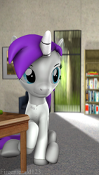 Size: 2160x3840 | Tagged: safe, artist:fireemerald123, oc, oc only, oc:mystic dream, pony, unicorn, 3d, asylum, bookshelf, high res, magic suppression, source filmmaker, table, the perfect shape, window