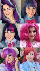 Size: 1288x2289 | Tagged: safe, artist:sarahndipity cosplay, artist:shelbeanie, apple bloom, pinkie pie, starlight glimmer, sweetie belle, twilight sparkle, human, equestria girls, equestria girls specials, g4, my little pony equestria girls: mirror magic, clothes, cosplay, costume, everfree northwest 2019, grin, irl, irl human, photo, smiling