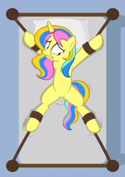 Size: 1536x2166 | Tagged: safe, artist:equestria secret guard, oc, oc:lemon, pony, unicorn, armpits, bed, belly button, bondage, featureless crotch, female, helpless, horn, horn ring, magic suppression, mare, on bed, ring, rope, rope bondage, sexy, solo, spread eagle, tied to bed, tied up, unicorn oc