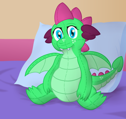 Size: 2800x2630 | Tagged: safe, artist:sweetielover, oc, oc only, oc:goldigony, dragon, bed, cuddly, cute, dragoness, female, high res, huggable, pillow, plushie, sitting, solo, spread wings, wings